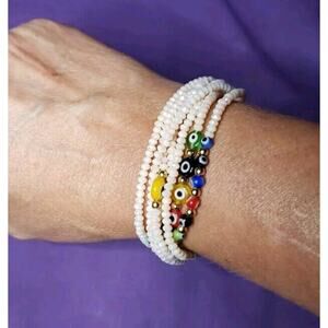 Light Pink Iridescent & Multicolor Evil Eye Multistrand Bead Bracelet Adjustable
